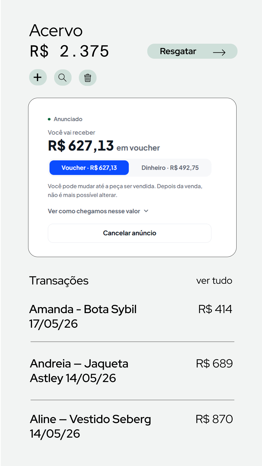 Tela do acervo mostrando o anúncio da peça e o histórico de transações